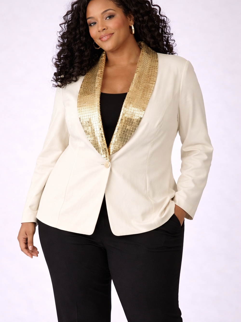 Russell Kemp Plus Size 2X Ivory Blazer Gold Sequin Shawl Collar Vintage